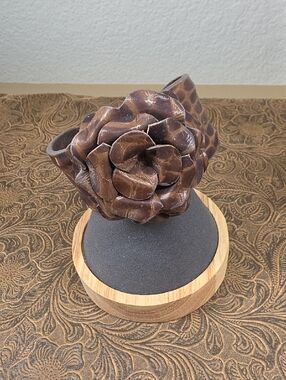 Vintage Brown Toned Leather Flower Artisan Handcrafted Cuff Bracelet